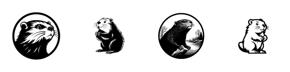 Beaver and Wildlife Scenes in Black and White, minimalist monochrome icons