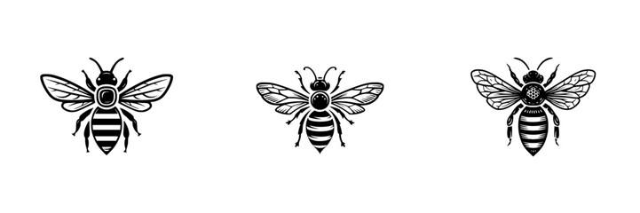 Stylized bee icons with detailed wings and segmented bodies in black and white silhouette, minimalist monochrome icons