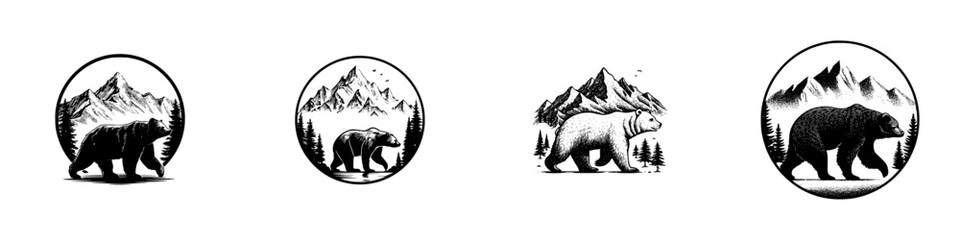 Grizzly bear in a mountainous forest with pine trees and birds, minimalist monochrome icons