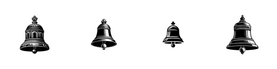 Vintage bells with ornate details and clappers, minimalist monochrome icons