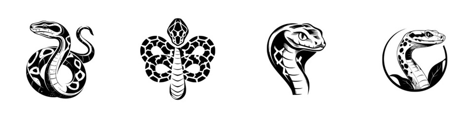 Fototapeta premium Stylized Snake Designs Black and White Reptile Art Collection, minimalist monochrome icons