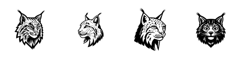 Stylized lynx heads, black and white graphic art, wild cat portraits, minimalist monochrome icons