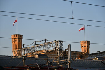 Polish flag on the turrets of the main railway station in Wrocław

