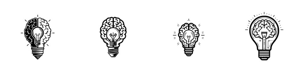 Brain and light bulb symbolizing creativity and innovation, minimalist monochrome icons