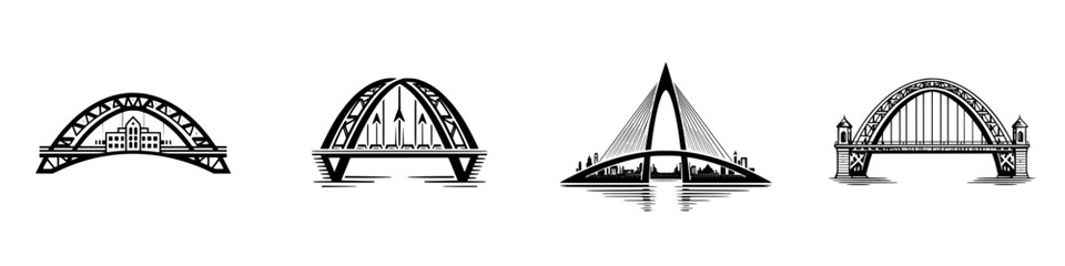 Stylized bridge silhouettes with city skylines and water reflections, minimalist monochrome icons