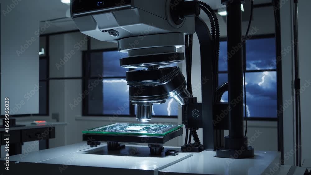 Poster highdefinition microchip inspection under a robotic microscope in a dark room, ideal for scientific 