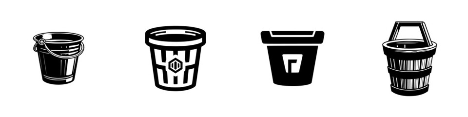 Collection of stylized buckets and containers in black and white silhouette, minimalist monochrome icons
