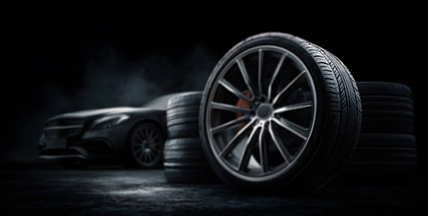 black background with a car wheel in the foreground, showing detailed rim design and several tires behind, automotive photography that captures texture, luxury, technology, and elegant transport