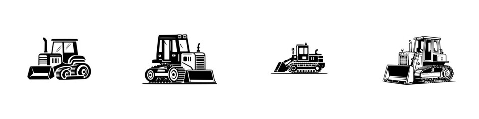 Naklejka premium Construction vehicles: bulldozers and excavators with loaders and tracks, graphic icons, minimalist monochrome icons