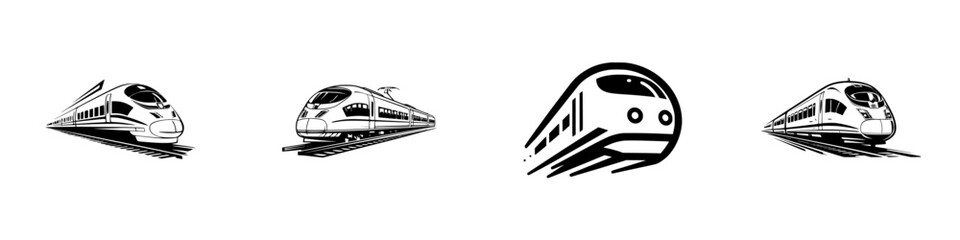 Modern high-speed trains in motion on tracks, dynamic transportation concept, minimalist monochrome icons