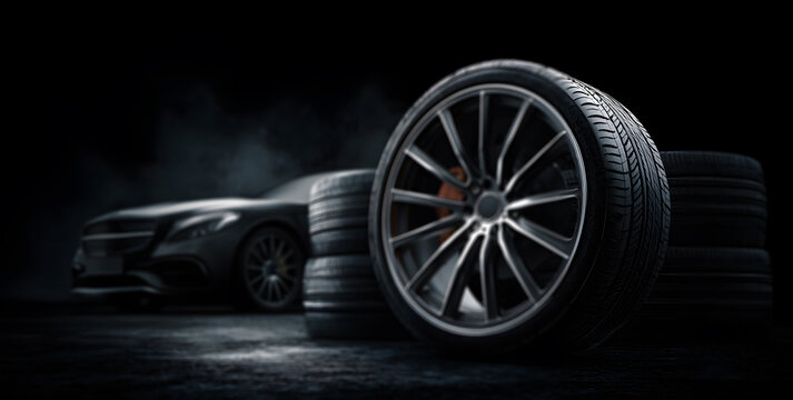 black background with a car wheel in the foreground, showing detailed rim design and several tires behind, automotive photography that captures texture, luxury, technology, and elegant transport