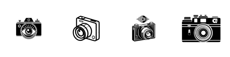 Vintage camera icons with eye and concentric circle designs, minimalist monochrome icons