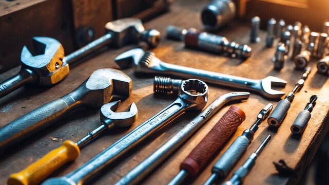 Assorted metal wrenches, sockets, screwdrivers and tools neatly arranged on wooden workbench inside workshop under warm industrial lighting