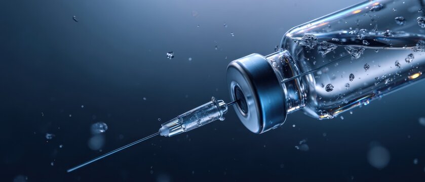 The vaccine vial and hypodermic syringe with water droplets on dark background