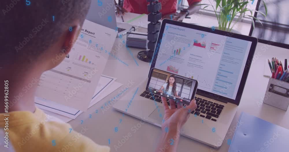Poster man reaching for smartphone initiating finance call matching report details, coworker adding papers