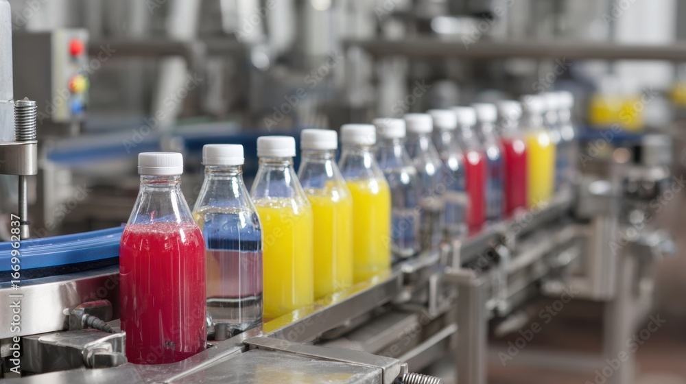 Poster bottles filled with colorful beverages are lined up production line, showcasing vibrant array of jui