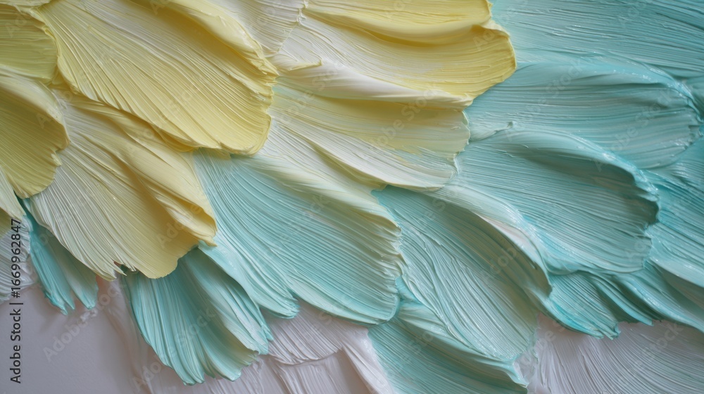 Poster layered impasto petals in soft yellow and turquoise hues create dynamic visual effect, resembling fe