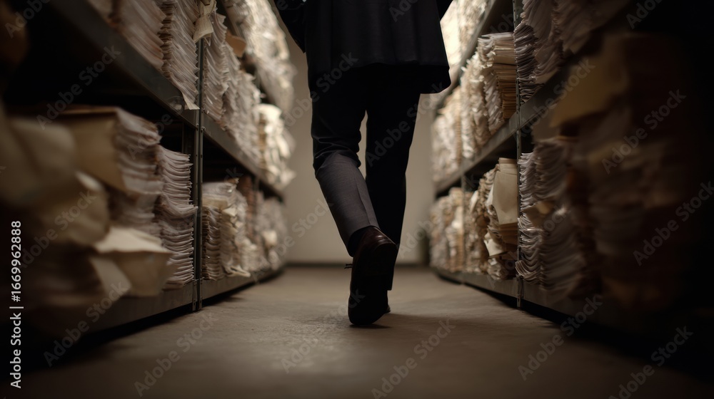 Poster low angle view of detective walking through dimly lit file archive, surrounded by stacks of document