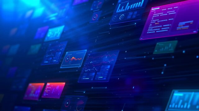 Layered digital screens displaying complex data visualization interfaces with interactive graphs and charts, rendered against vibrant technological gradient background with holographic projection