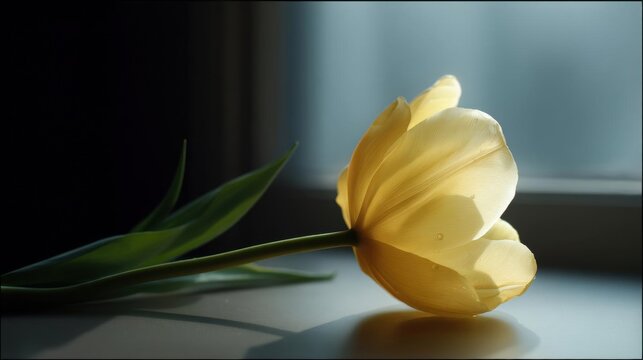 Close-up of a single yellow tulip with its stem and leaves. the tulip is in full bloom and its petals are slightly curled at the edges.