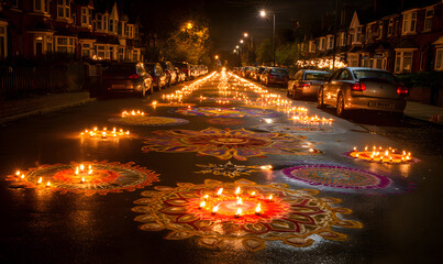 Diwali lights illuminate streets for deepawali celebation vibrant rangoli decoations spiritual atmospher indian religions jains sihs