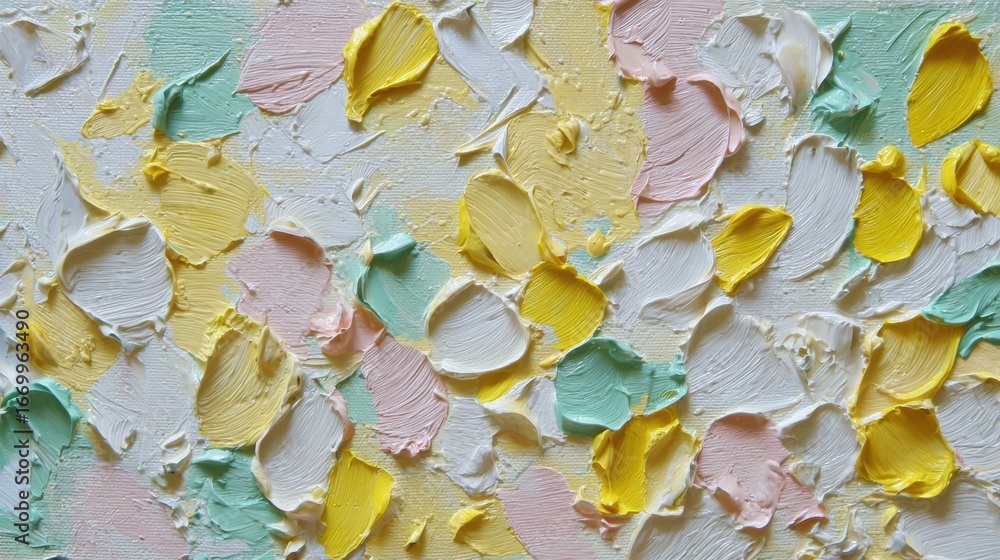 Poster textured abstract painting features vibrant colors and palette knife technique, creating lively and 