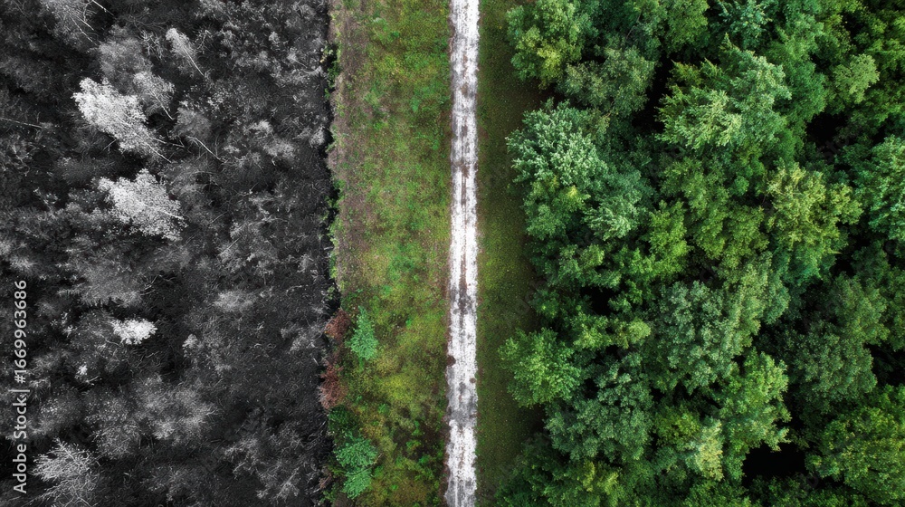 Poster aerial view of forest split into two contrasting sections one side shows barren, polluted area with 