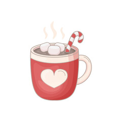 Vector hand drawn red mug filled with hot chocolate, topped with marshmallows and a candy cane. Steam rises from the drink. Cozy festive illustration on white background