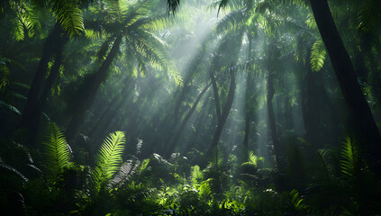 Sunlight filters through lush green trees in dense tropical rainforest, creating a serene and mystical atmosphere with vibrant foliage and sunbeams.