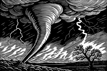 Fototapeta premium Night tornado illuminated by lightning, dramatic storm scene across dark horizon shown in black and white sketch.