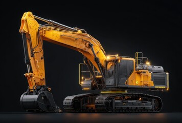 Large yellow excavator with extended arm and bucket in a dark industrial setting