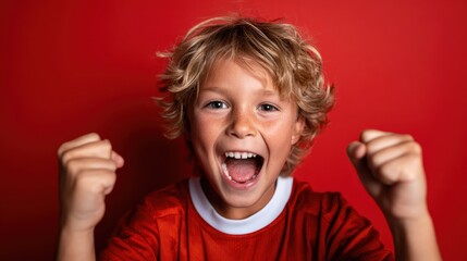 A joyful boy in a red jersey celebrates with enthusiasm, embodying the spirit of victory and happiness, reflecting the pure emotion of childhood sports and team spirit moment.