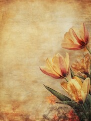 Vintage floral composition with tulip blooms on distressed parchment background