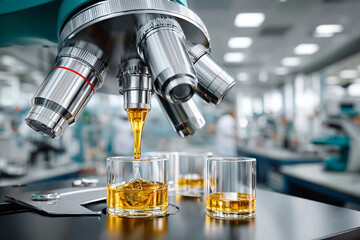 Microscope with golden liquid dripping into glass in laboratory setting, symbolizing scientific research and innovation with warm atmosphere