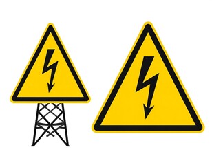 Two yellow caution triangles with black lightning bolt symbols.  One shows a power pole