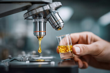 Microscope with golden liquid drop and hand holding small glass filled with amber fluid, scientific research concept with close up view