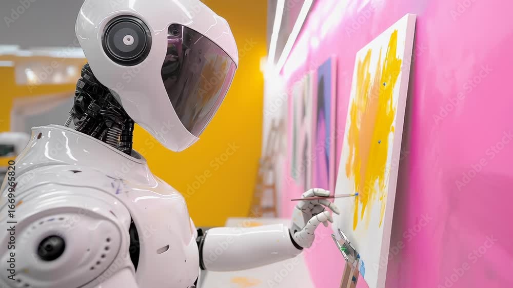 Aufkleber humanoid robot demonstrates advanced painting technique, generating abstract yellow artwork inside v