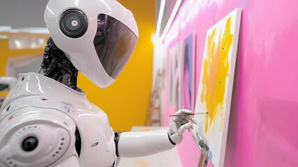 Humanoid robot demonstrates advanced painting technique, generating abstract yellow artwork inside vibrant studio with precision mechanical movements and algorithmic control.