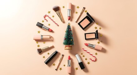 Christmas makeup flat lay with festive decorations