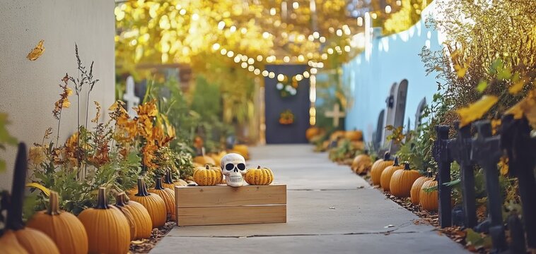 Halloween pathway with pumpkins and skulls in a bright autumn setting