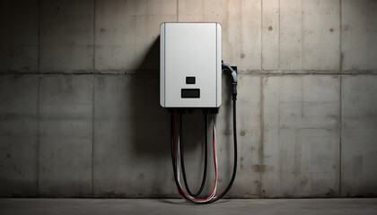electric vehicle charging station mounted on concrete wall with cable connected into socket and visible red and white wires for modern transport energy use