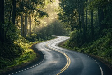 Obraz premium Curved asphalt road in forest