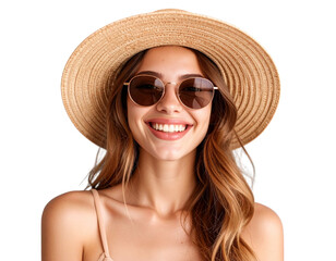  Front-Facing Portrait of Smiling Woman in Straw Hat and Sunglasses, Isolated PNG
