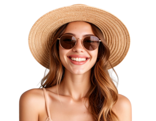  Front-Facing Portrait of Smiling Woman in Straw Hat and Sunglasses, Isolated PNG