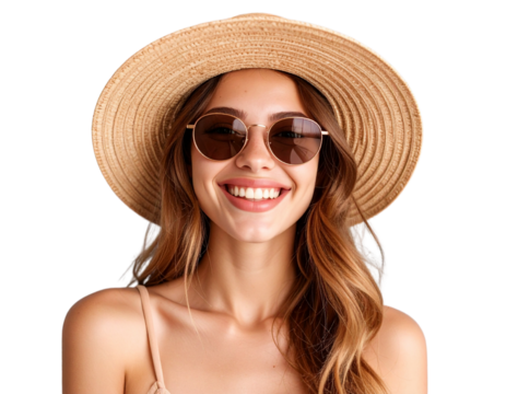  Front-Facing Portrait of Smiling Woman in Straw Hat and Sunglasses, Isolated PNG