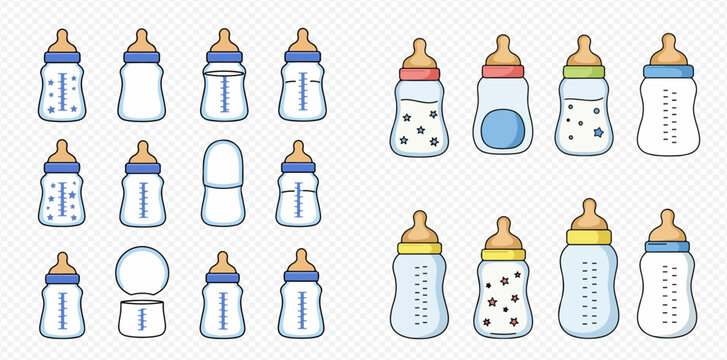 Collection of various baby bottles, showcasing different designs, shapes, and sizes. - Powered by Adobe