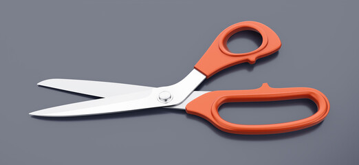 Stationery scissors with plastic handles are placed on a gray, reflective surface. 3D rendered graphic model shown in perspective view.
