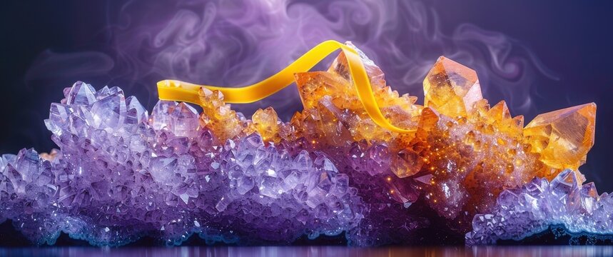 Yellow endometriosis ribbon emerges from purple and amber crystals. Dramatic macro side lighting highlights mineral textures and subtle grain amidst a purple haze.