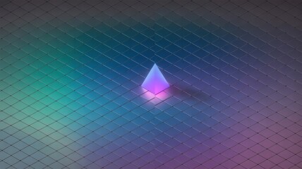 A single glowing teardrop shaped object emits vibrant purple and pink light against a textured metallic background