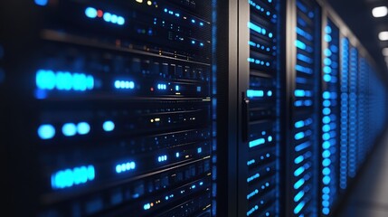 Close-up of dimly lit server racks in a data center. Dramatic blue LEDs cast a cyberpunk glow, highlighting intricate blinking lights and cool metallic endless rows.